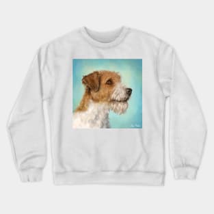 Painting of a Parson Russell Terrier on a Turquoise Background Crewneck Sweatshirt